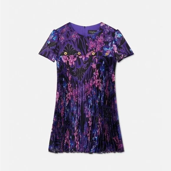 Versace Orchid Barocco Girls Pleated Dress, New, Size 12 - Picture 2 of 12